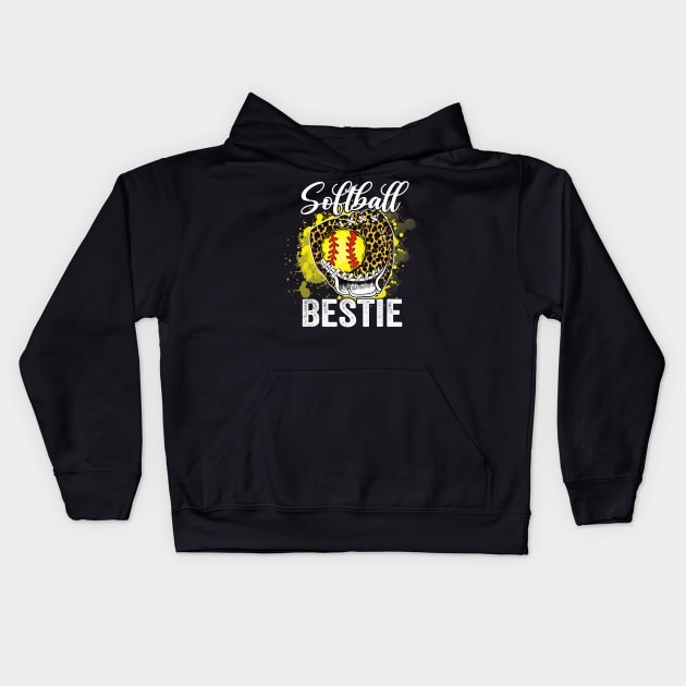 Softball bestie leopard glove game Kids Hoodie by Tianna Bahringer